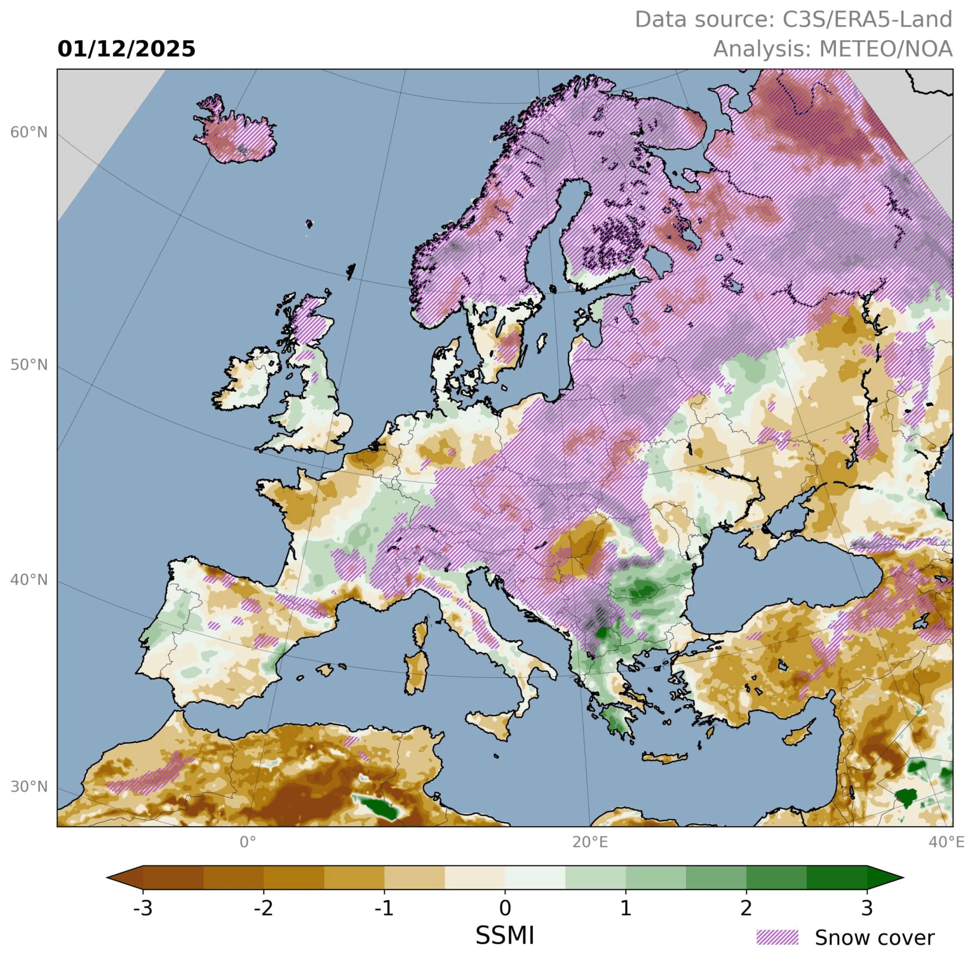 Standardised anomaly in soil moisture in the 28-100cm layer below surface on December 1st, 2025 (1).png